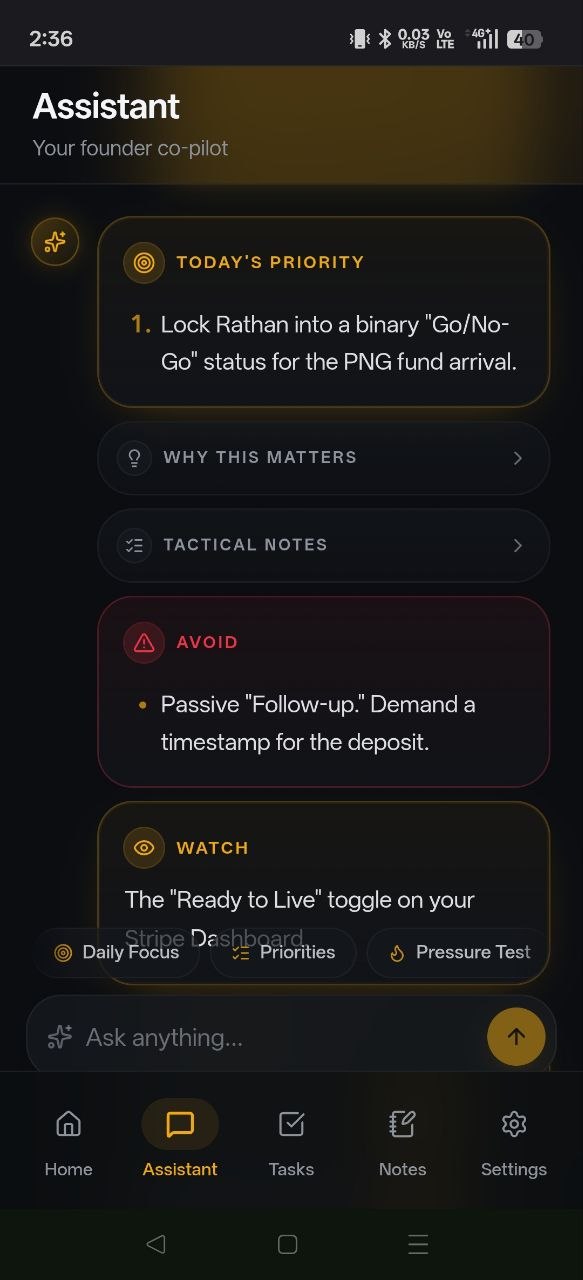 FounderOS Strategic Assistant — pressure-testing today's priorities